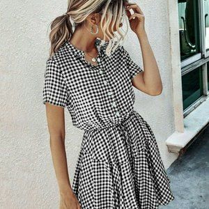 Buffalo Plaid Black White Button Front Shirt Dress